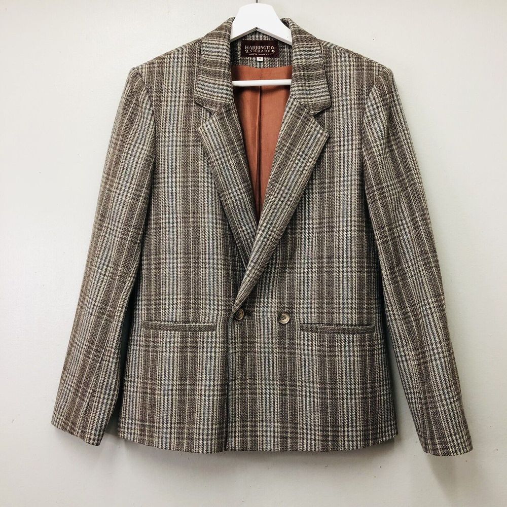 Vintage Harrington Square Women's Plaid Wool Blazer Size 8 Brown